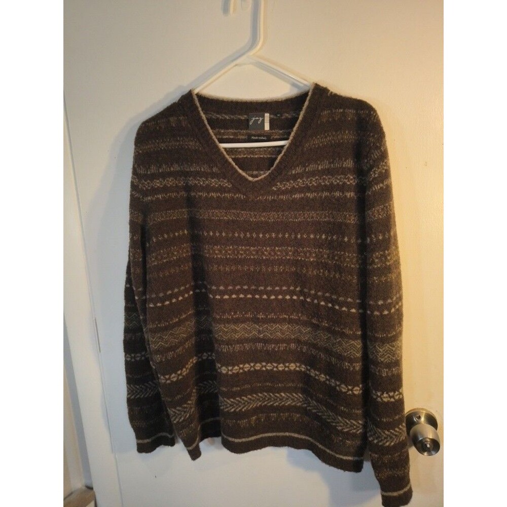 Jaz Sweater Mens XL Brown Fair Isle V-Neck Pullover Knit Geometric Made In Italy